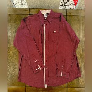 Men’s Cinch long sleeve button down shirt, XL, maroon/white stripe